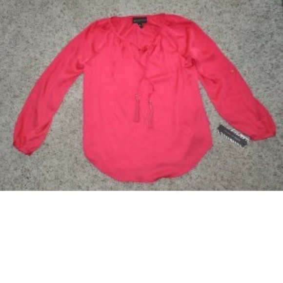 Womens Blouse Pink XS Keyhole Tassle Neck Long Sleeves Shirt Dana Buchman - Picture 2 of 6